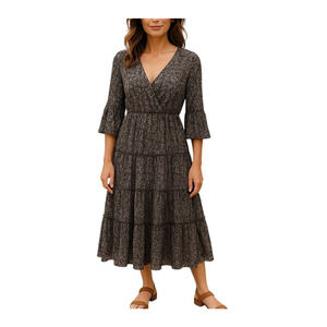 Loveriche Floral Bell Sleeve Dress Faux Wrap Neckline Black Palm Floral Lined S